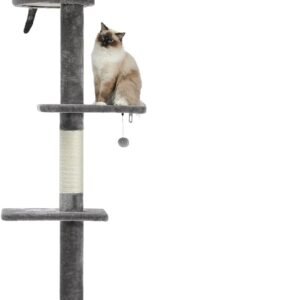 Cat Tower 5-Tier Floor to Ceiling Cat Tree Height(95-107 Inches) Adjustable, Tall Climbing Tree Featuring with Scratching Post, Cozy Bed,Interactive Ball Toy for Indoor Cats/Kitten Grey