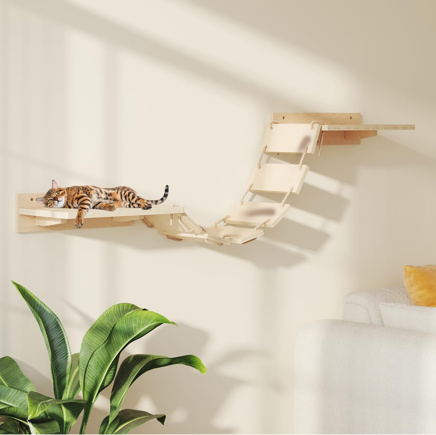 Cat Bridge Cat Wall Shelves Wooden Wall Mounted Climbing Frame for Sleeping & Playing, Wall-Mounted Furniture for Kittens - Image 2