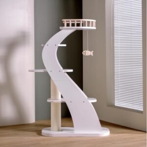 Modern Stylish 52.4 inches Tall Wooden Cat Tree Tower, Aesthetic Cat Condo Ladder with 5-Level Big Perch Platform Bed for Window Viewing Watching Large Scratching Post