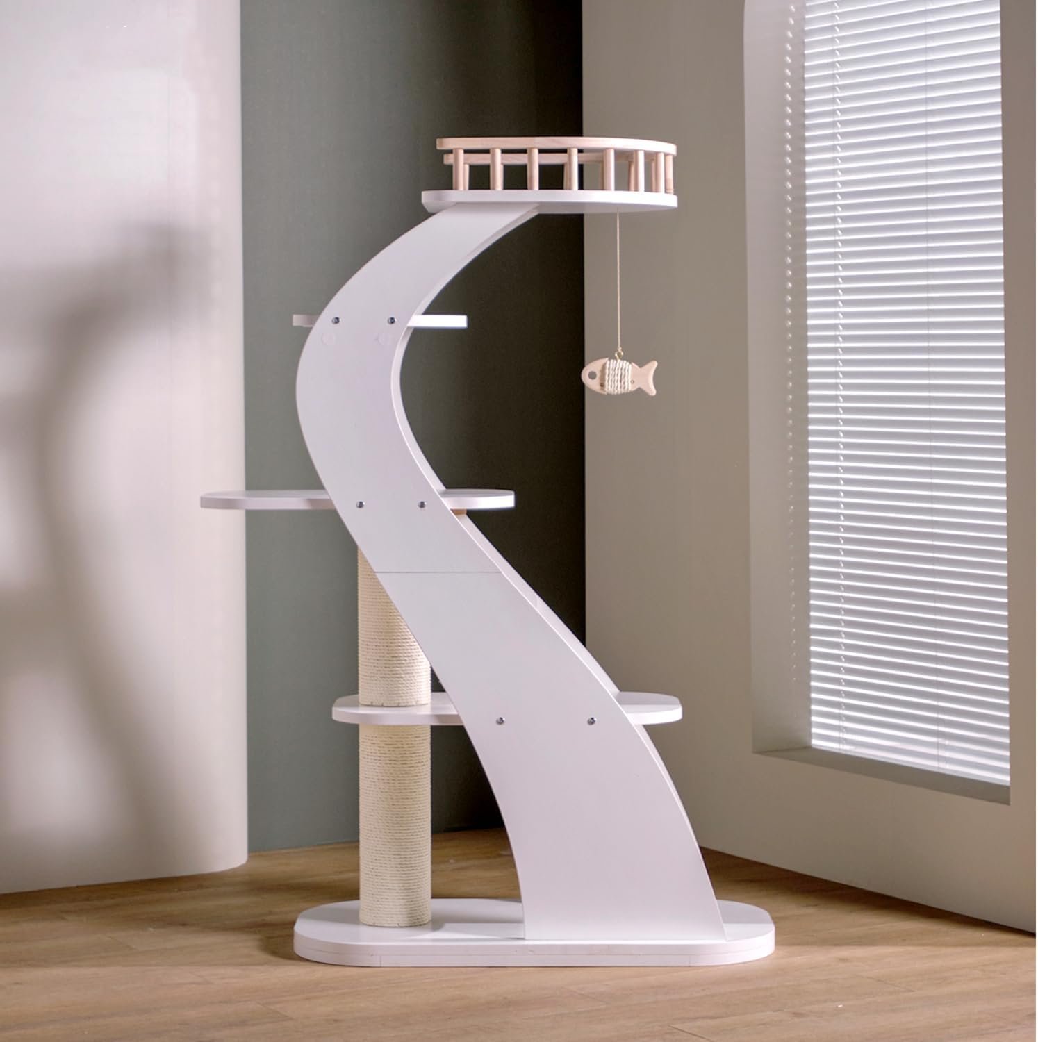 Modern Stylish 52.4 inches Tall Wooden Cat Tree Tower, Aesthetic Cat Condo Ladder with 5-Level Big Perch Platform Bed for Window Viewing Watching Large Scratching Post