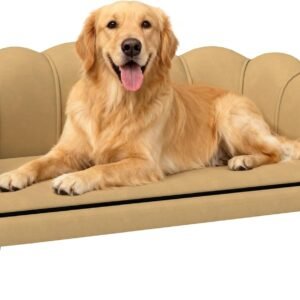 Velvet Large Dog Couch with Foam Cushion, Soft and Cute Dog Bed with Pearl Design, Pet Sofa for Big and Medium Breeds, Coffee