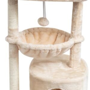 Small Cat Tree for Indoor Cats, Kittens Condo with Scratching Post and Board, Modern Activity Tower with Cradle, Beige