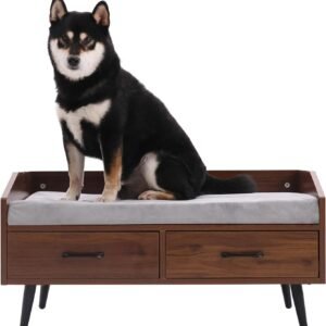 Elevated Dog Beds Frame with Mattress, Raised Wood Pet Bed Sofa Indoor for Large Medium Small Dogs Cats (Grey)