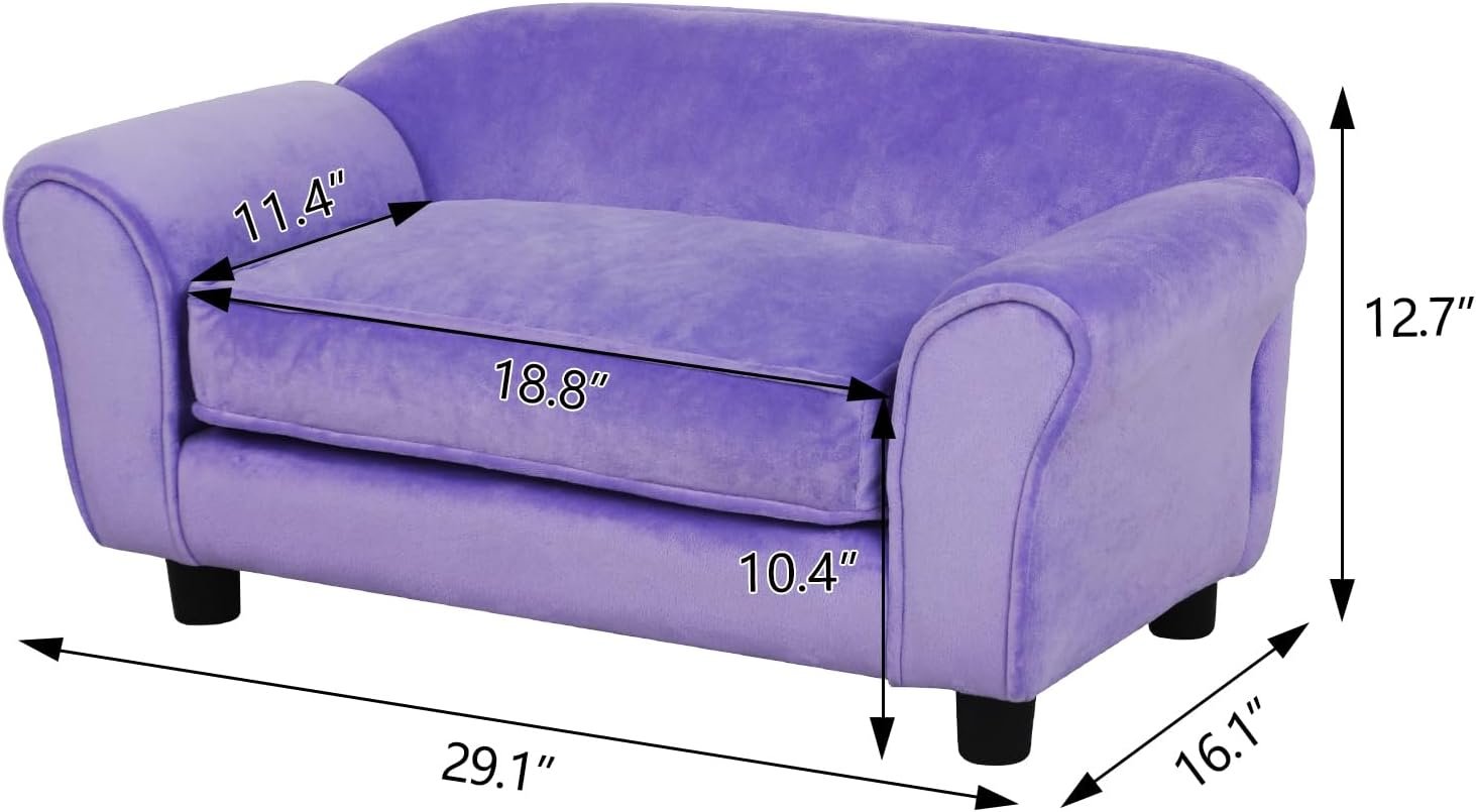 Small Dog Sofa Bed, Velvet Cat Couch with Washable Cushion & Plastic Legs (29 x 16 x 12.7 inches (Purple) - Image 2