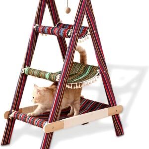 3-Tier Modern Boho Style A Frame Wooden Cat Tree Tower Ladder with Multi-Level Bed Hammock for Large Cat and Sctatching Post, Hanging Toy Ball (Boho)