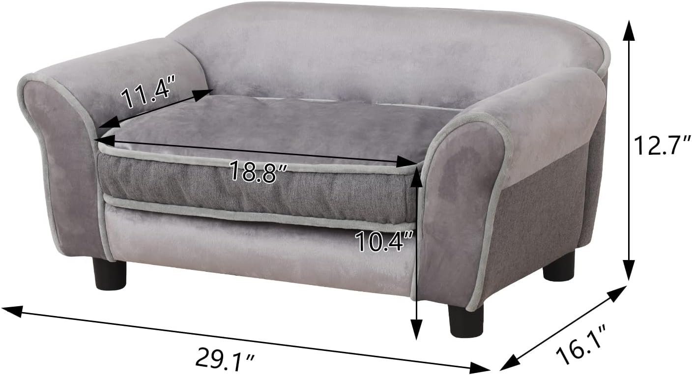 Small Dog Sofa Bed, Velvet Cat Bed Couch,Pet Sofa with Washable Cushion & Plastic Legs (29 x 16 x 12.7 inches (Gray) - Image 2