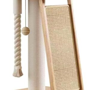 Modern Natural Wood Cute Multifunctional Cat Tree Tower Small, Large Sisal Scratching Post, Tilted Angled Ramp Scratcher, Climbing Rope Toy and Cuddle Bed