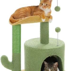 Cactus Cat Tree Small Cat Tower 32” Cat Scratching Post with Curved Perch, Cozy Cat Condo, Removable Padded Top Bed for Kittens and Indoor Cats-Green