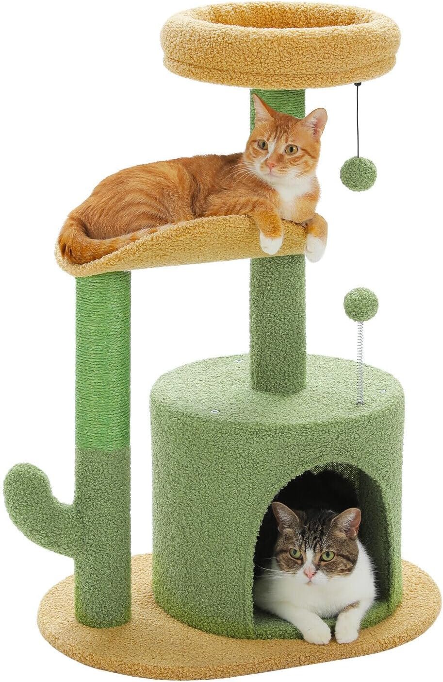 Cactus Cat Tree Small Cat Tower 32” Cat Scratching Post with Curved Perch, Cozy Cat Condo, Removable Padded Top Bed for Kittens and Indoor Cats-Green