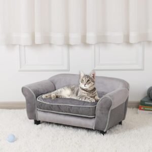 Small Dog Sofa Bed, Velvet Cat Bed Couch,Pet Sofa with Washable Cushion & Plastic Legs (29 x 16 x 12.7 inches (Gray)