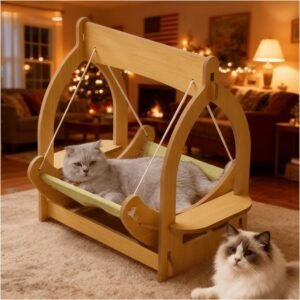 2 in 1 Wooden Cat Hammock, Comfortable and Breathable Hanging Cat Bed with Soft Mattress and Pillow，Suitable for Cats or Small Dogs