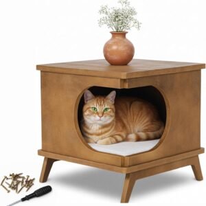 Modern Wooden Cat Bed End Table for Indoor Cats – 15.7"x15.3"x15.7" Cat House Side Table with Cushion – Stylish Nightstand Cat Condo for Bedroom or Living Room – Compact Pet Hideaway Furniture