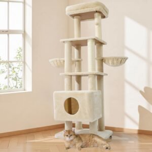 65in Heavy Duty Cat Tree Tower for Large Cats, Multi-Level Cat Furniture with Replaceable Sisal Scratching Post, Hammock | Extra-Large Platform & Condo (Beige)