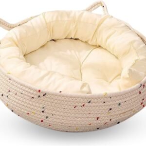 Cat Bed for Indoor Cats – Round Washable Basket with Soft Cushion & Scratchable Sides, Cozy Woven Kitten Bed, 17.7” x 5.9”