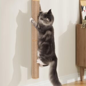 34" Cat Scratching Post on Wall for Large Cats, Wall Mounted Wood Cat Scratcher Furniture for Indoor Cats, Tall and Sturdy Corner Climbing Pole