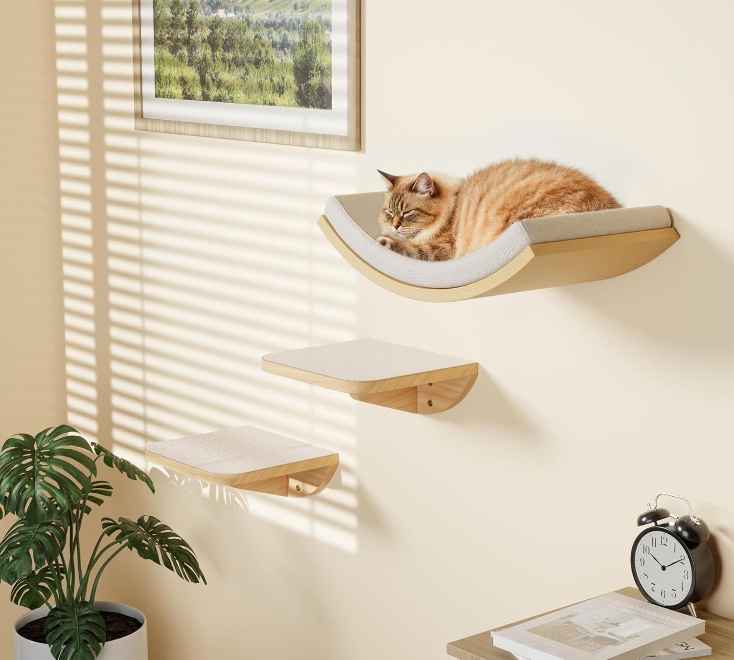 Cat Wall Shelf with Curved Hammock Bed, Wall Mounted Cat Perch with Beige Soft Foam Cushion, Floating Wall Furniture for Climbing, Sleeping & Lounging - Image 2