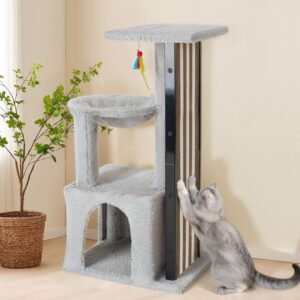 Small Cat Tree for Indoor Cats, 33.1-Inch Sturdy Cat Tower with Replaceable Metal Frame Scratch Pad, Cat Scratching Board with Condo, Hammock, Perch for Kittens