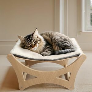 Cat Hammock Bed, Wooden Elevated Cat Beds with Natural Sisal Scratching Mat, Cats Scratcher Bed with Removable Soft Cushion, Cats Scratching Beds with Wood Frames, 22" L x 17.7" W