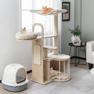 Wood Cat Tree for Indoor Cats, 55 Inch Multi-Level Cat Tower Activity Center with Hammock, Cat Condo, Sisal Scratching Posts & Washable Cushions, Modern Cat Tree Houses for Large Cats