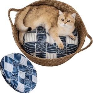 Cat Bed, Straw Woven Cat Baskets Bed, Round Wicker Cat Basket Nest, Non-Slip Cozy Kitten Bed for Cats Small Dog (with Cushion,Medium)