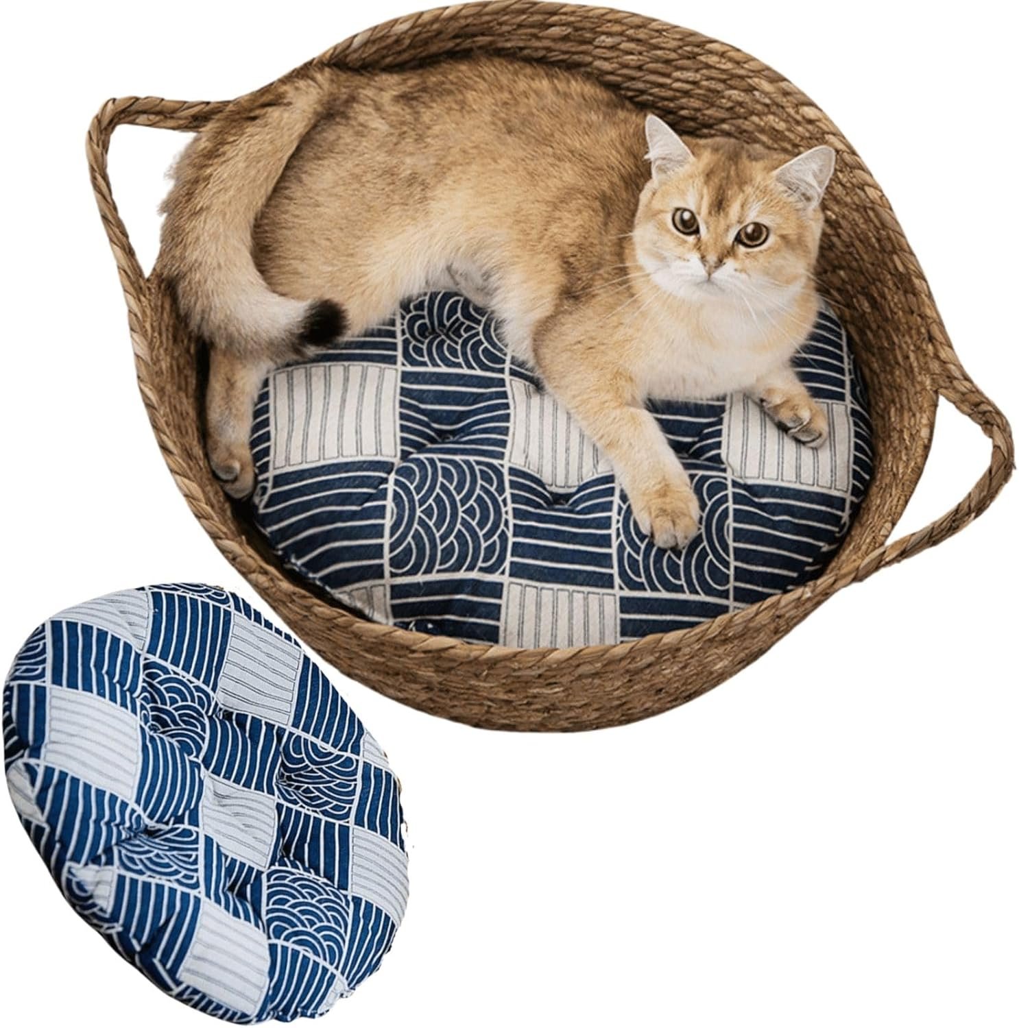 Cat Bed, Straw Woven Cat Baskets Bed, Round Wicker Cat Basket Nest, Non-Slip Cozy Kitten Bed for Cats Small Dog (with Cushion,Medium)