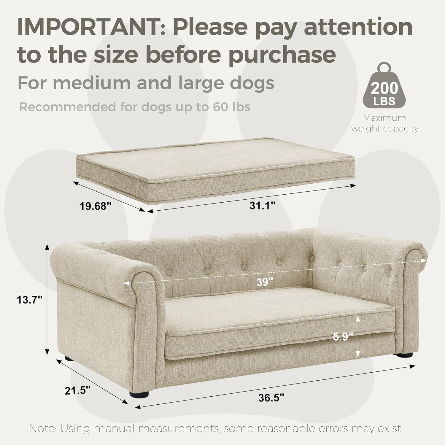 Dog Sofa Couch for Medium Dogs, 39" Memory Foam Dog Couch with Washable Fabric, Removable Cushion, Sofa Bed for Medium Dogs, Beige - Image 2