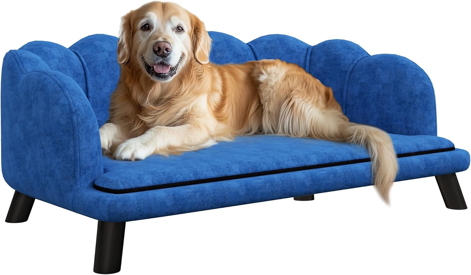 Velvet Large Dog Couch with Foam Cushion, Soft and Cute Bed with Pearl Design, Sofa for Big and Medium Dogs, Dark Blue