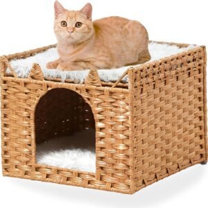 Cat Bed with Ears - Handwoven Rattan Cat Cave House for Indoor Kittens, Foldable Hideaway with 2 Removable Cushions, 16.5x16.5x13.2 Inch Natural Pet Cube for Living Room/Bedroom Natural
