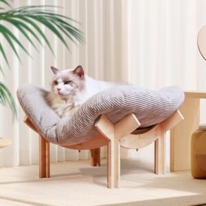 Wooden Elevated cat Hammock Bed, Featuring a Fluffy and Warm Cuddle Bed, Wooden Cat Furniture Can fit cat Scratch mat，Scratcher