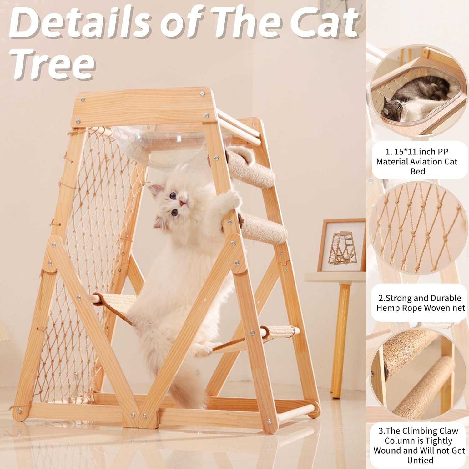 33in Cat Tree Wooden Climbing Frame, Versatile Cat Towers Comes with a Climbing Net&Space Capsule &Hammock, Can Be Used by Two Cats to Climb Sharpen Their Claws and Sleep, Cat Tower for Indoor Cats - Image 2