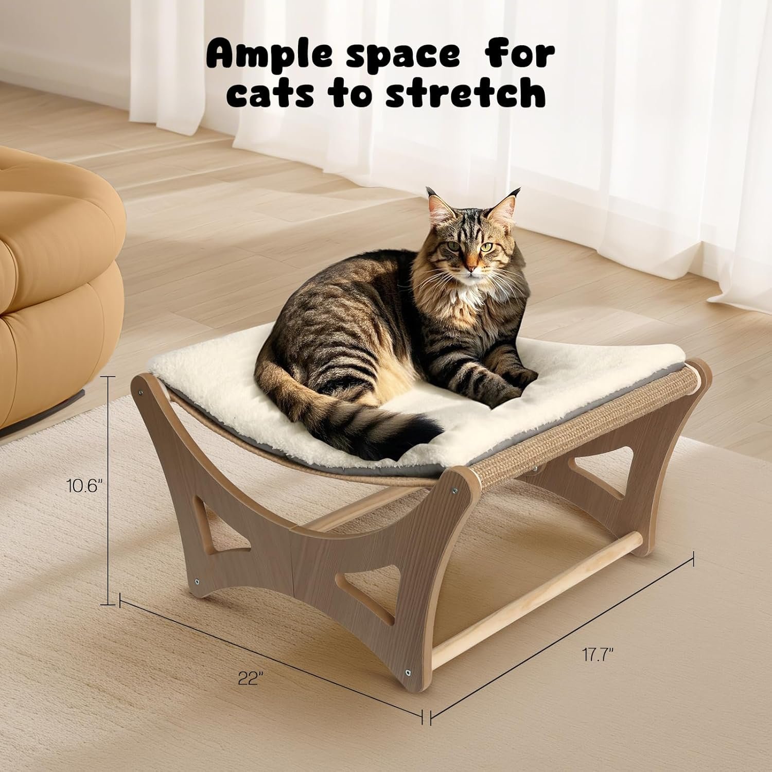 Cat Hammock Bed, Wooden Elevated Cat Beds with Natural Sisal Scratching Mat, Cats Scratcher Bed with Removable Soft Cushion, Cats Scratching Beds with Wood Frames, 22" L x 17.7" W - Image 2