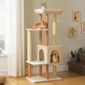 Large Cat Tree, 53 Inches Modern Wooden Cat Tower for Indoor Large Cats, Multi-Level Cat Condos with Long Scratching Posts and Natural Wood Posts-Beige