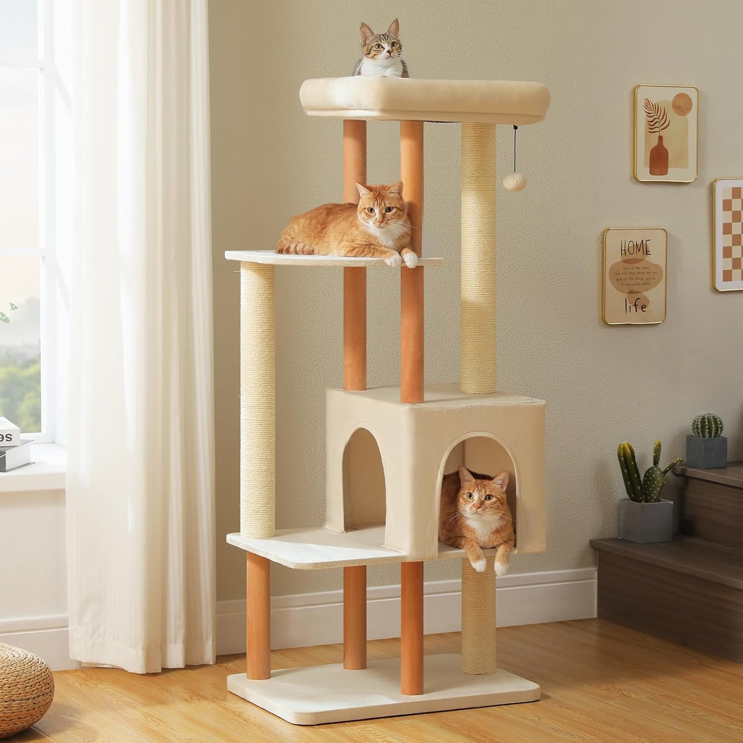 Large Cat Tree, 53 Inches Modern Wooden Cat Tower for Indoor Large Cats, Multi-Level Cat Condos with Long Scratching Posts and Natural Wood Posts-Beige