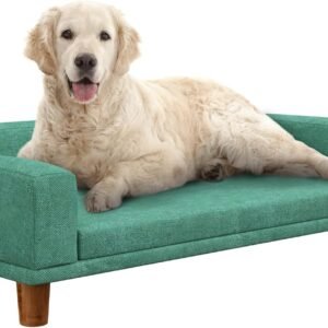 Dog Sofa Couch, Pet Bed with Comfortable Luxury Cushion, Washable Cover, Wooden Legs, Anti-Slip Mat for Large Dogs, Cats, Kittens, Green