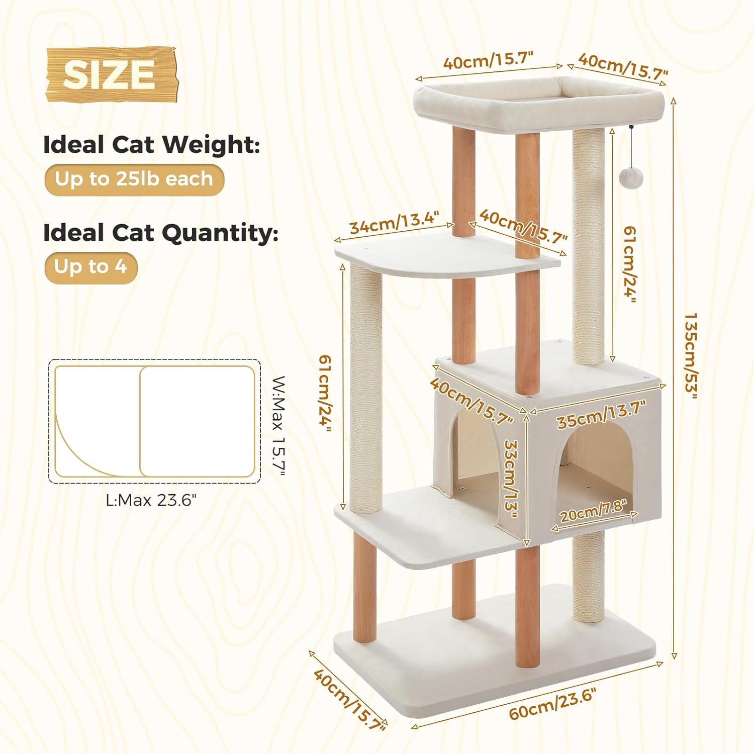 Large Cat Tree, 53 Inches Modern Wooden Cat Tower for Indoor Large Cats, Multi-Level Cat Condos with Long Scratching Posts and Natural Wood Posts-Beige - Image 2