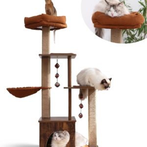 Cat Tree, 4 in 1 Large Modern Cats Tower with Jute Scratching Post and Hammock, Wood Cat Condo with silvervine Balls, Brown Cat Climber Stand Playhouse for Indoor Cats, Retro Style
