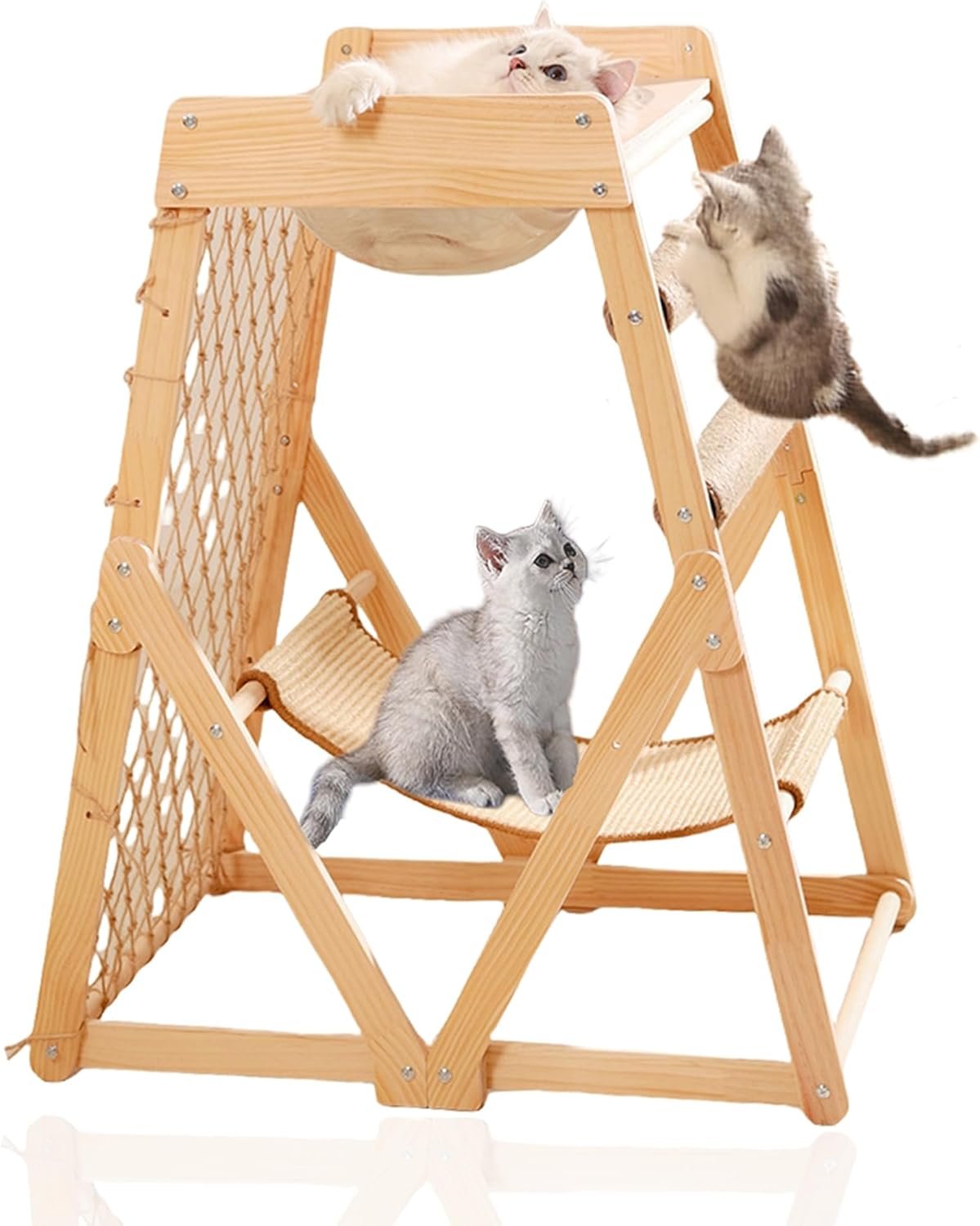 33in Cat Tree Wooden Climbing Frame, Versatile Cat Towers Comes with a Climbing Net&Space Capsule &Hammock, Can Be Used by Two Cats to Climb Sharpen Their Claws and Sleep, Cat Tower for Indoor Cats