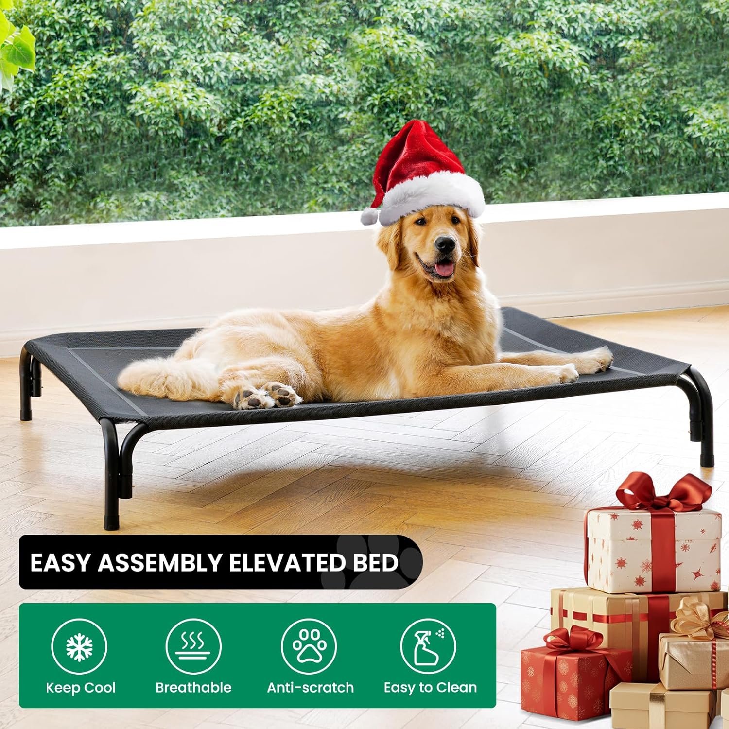Elevated Dog Bed Raised Outdoor Dog Cot for Large Dogs, Installation Requires No Tools, Frame with Washable Cooling Breathable Mesh Anti-Slip Feet, Indoor Pet Bed, Black, 43.3 Inches - Image 2