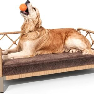 Dog Bed with Cushion, Cooling Elevated Raised Beds with Rattan Breathable Mesh and Universal Mat, Indoor & Outdoor Pet Cots for Large Dog, Brown