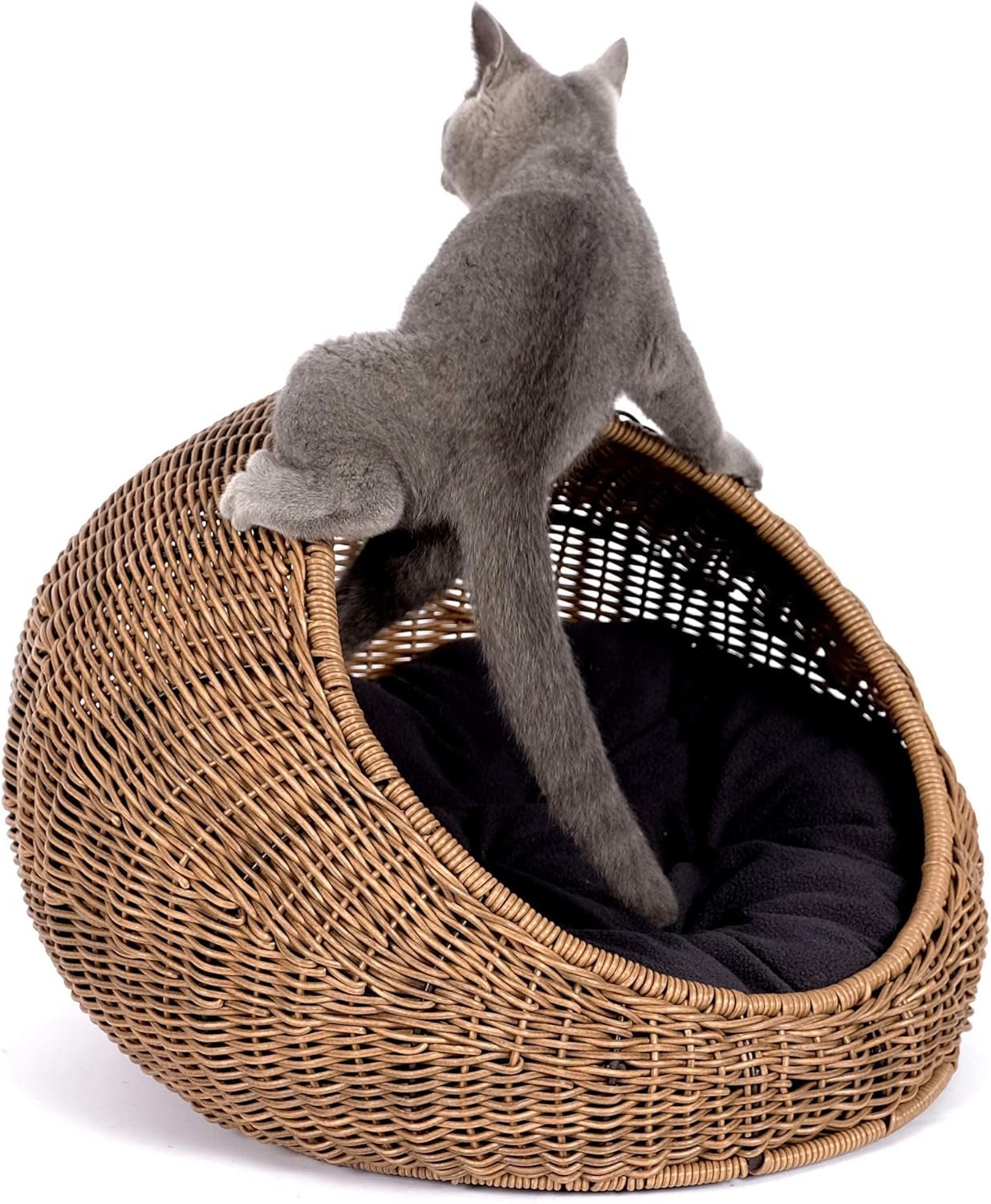 Wicker Cat Bed Dome for Medium Indoor Cats - a Covered Cat Hideaway Hut of Faux Rattan Houses Pets in Dome Basket, Washable