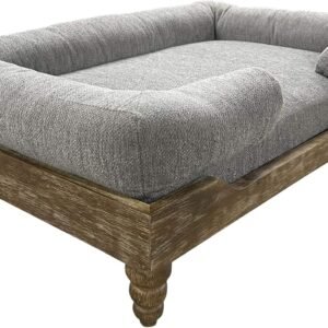 Large Washed Oak Dog Bed - Farm House Style - for Dogs 50 lbs and Under - Orthopedic Memory Foam - Carved Wooden Legs - Luxury Pet Sofa