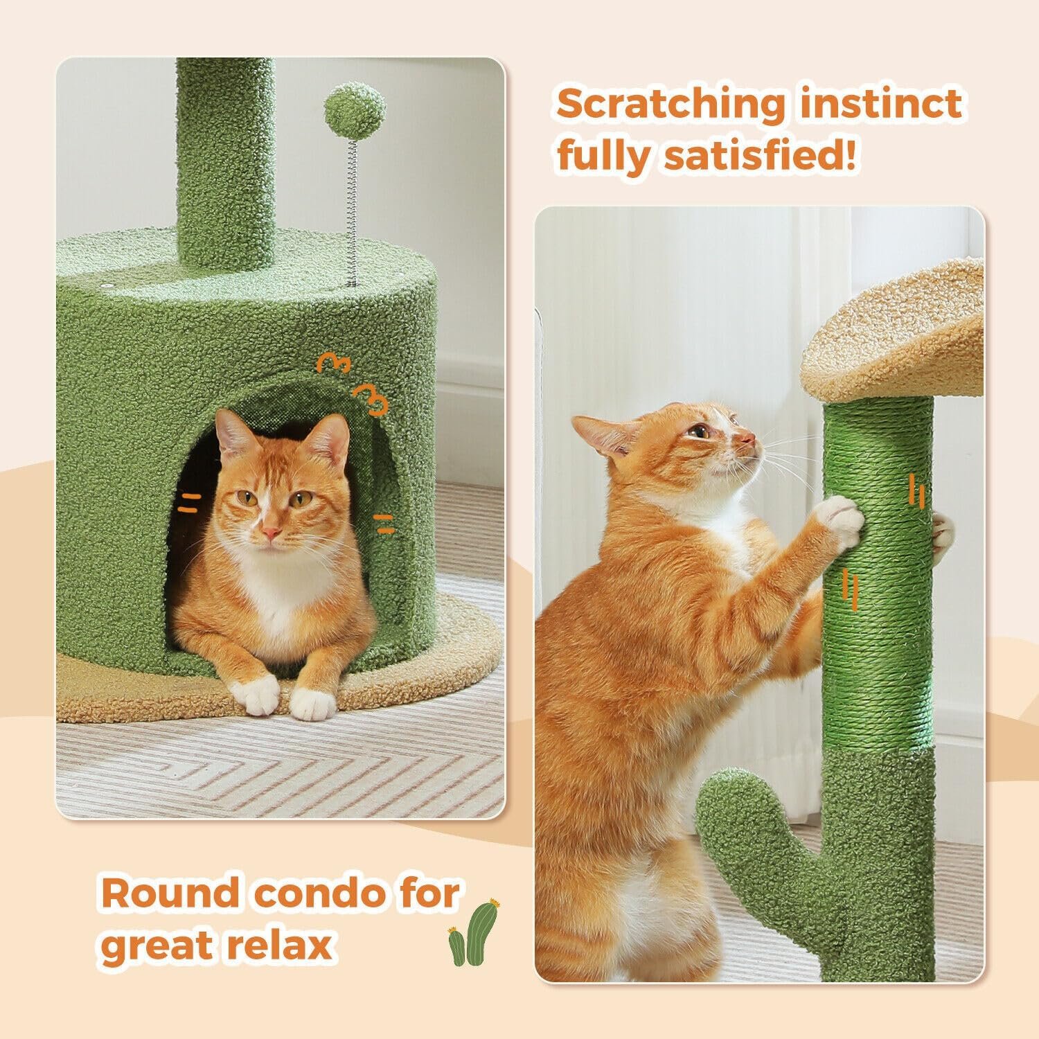 Cactus Cat Tree Small Cat Tower 32” Cat Scratching Post with Curved Perch, Cozy Cat Condo, Removable Padded Top Bed for Kittens and Indoor Cats-Green - Image 2