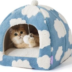 Lesure Cute Cat Beds for Indoor Cats - 2 in 1 Cat Cave Bed for Kittens and Small Pets with Removable Washable Cushioned Pillow, Cozy Kitten Tent with Non-Slip Bottom, Blue, 16 inches