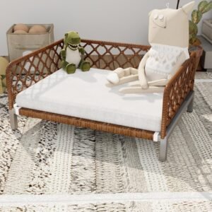 Small Dog Bed, Waterproof Elevated Dog Couch with Washable Removable White Cushion, Boho Rattan Dark Brown Wicker Orthopedic Pet Sofa for Outdoor, Indoor