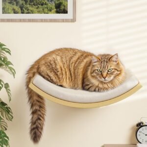 Wood Cat Wall Shelf with Soft Foam Cushion, Curved Cats Wall Bed for Large Cats, Floating Cat Perch for Sleeping & Climbing