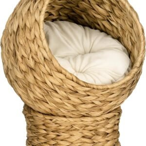 Handwoven Elevated Cat Bed with Soft Cushion & Egg Chair Shape, Basket Bed Kitty House with Stand, Raised Wicker House for Indoor Cats, 20" H, Brown