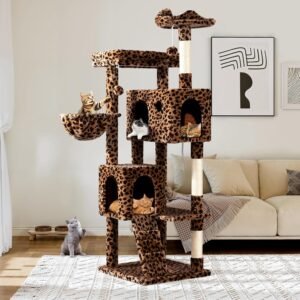 64 Inches Cat Tree Tower/Multi-Level Activity Center for Indoor Big Felines/2 Plush Condos/2 Perchs/Basket/House/Sisal Scratching Posts/Hanging Cat Toys/Leopard Print