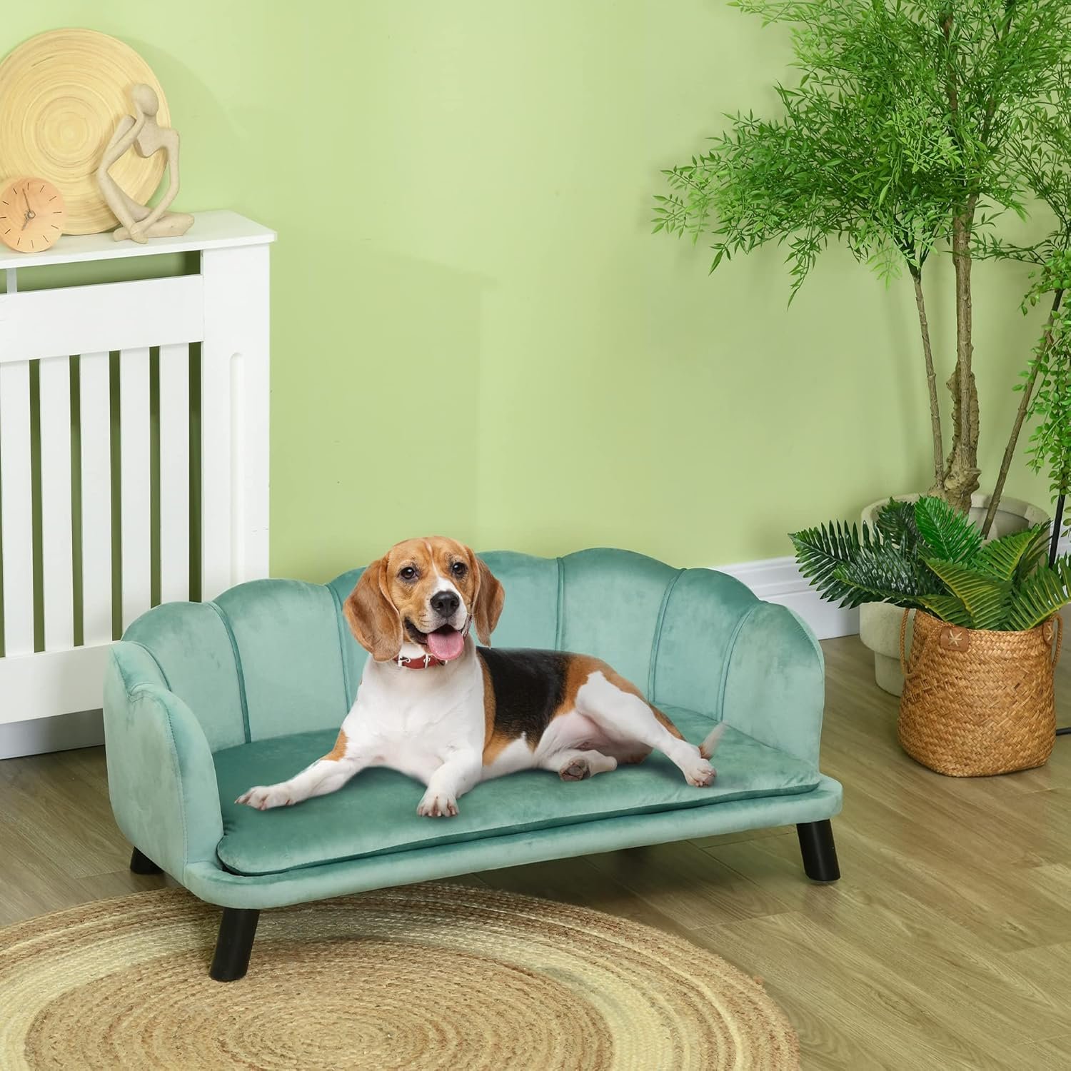 Velvet Large Dog Couch with Foam Cushion, Soft and Cute Bed with Pearl Design, Sofa for Big and Medium Dogs, Green - Image 2