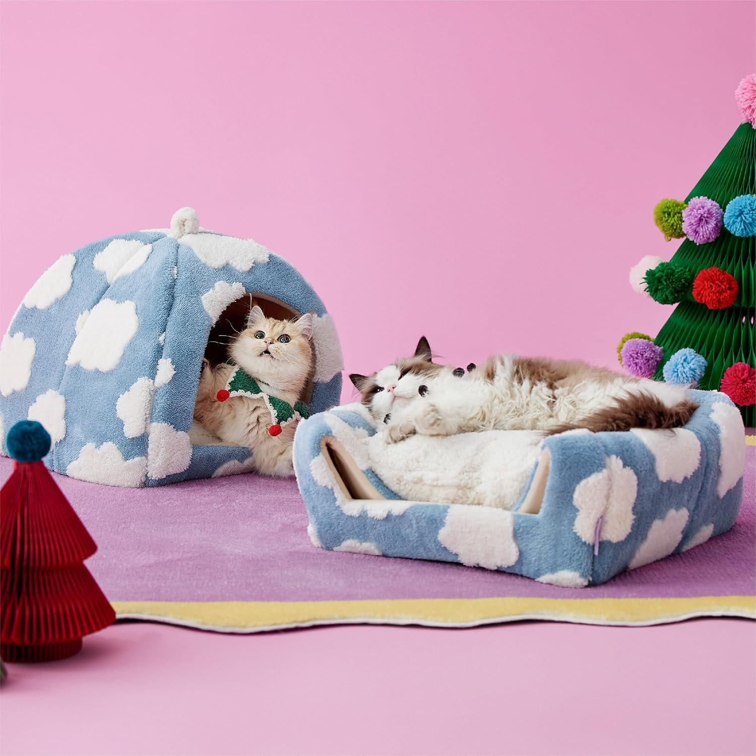 Lesure Cute Cat Beds for Indoor Cats - 2 in 1 Cat Cave Bed for Kittens and Small Pets with Removable Washable Cushioned Pillow, Cozy Kitten Tent with Non-Slip Bottom, Blue, 16 inches - Image 2