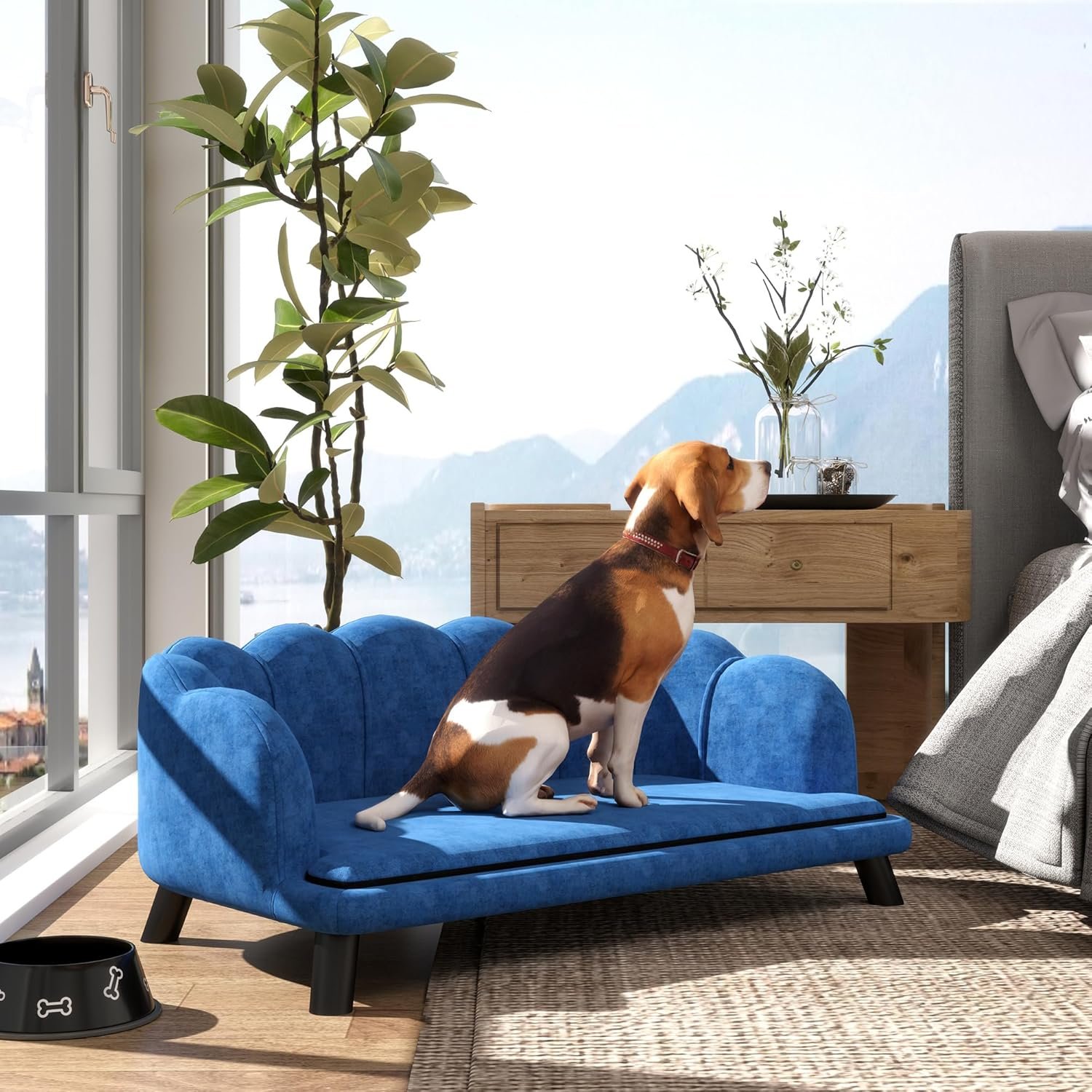 Velvet Large Dog Couch with Foam Cushion, Soft and Cute Bed with Pearl Design, Sofa for Big and Medium Dogs, Dark Blue - Image 2